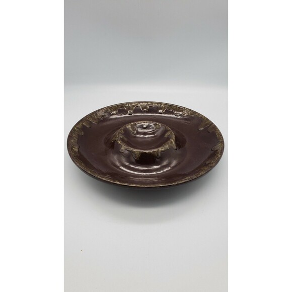 Vintage Chip & Dip Pottery Serving Bowl Brown Drip Glaze Marked LF - Picture 1 of 12